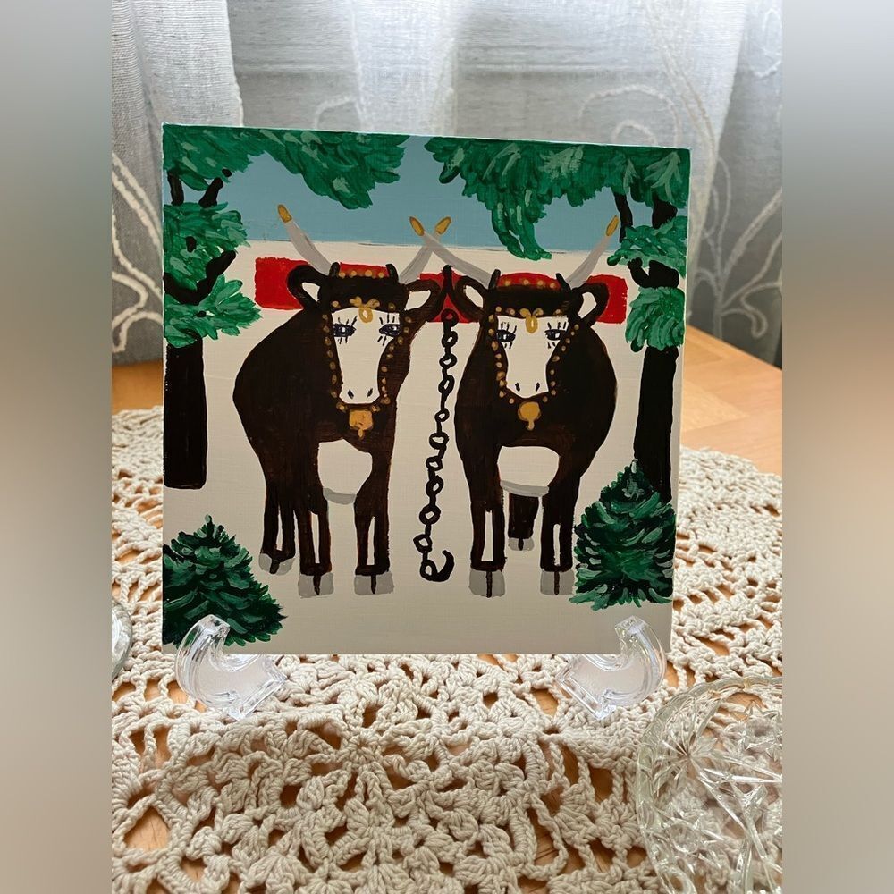 Original folk art “Ode to Maude” on Canvas Board adorable oxen painting 6x6”